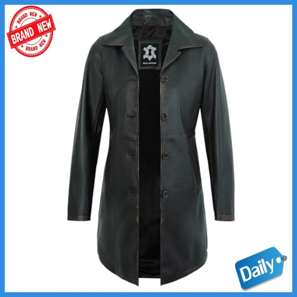 Real Lambskin Leather Car Coat Long Jacket Women's Regular Fit - Picture 3 of 5